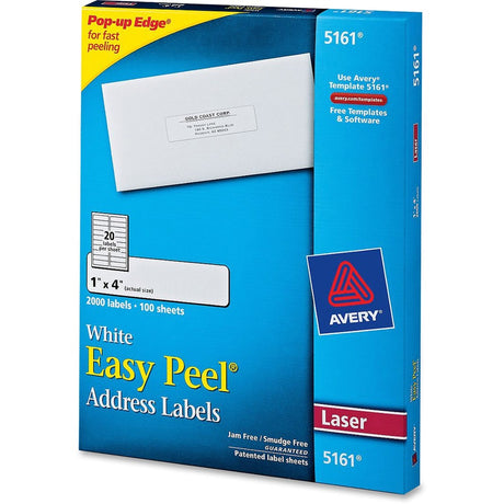Avery® Easy Peel(R) Address Labels, Sure Feed(TM) Technology, Permanent Adhesive, 1" x 4" , 2,000 Labels (5161)