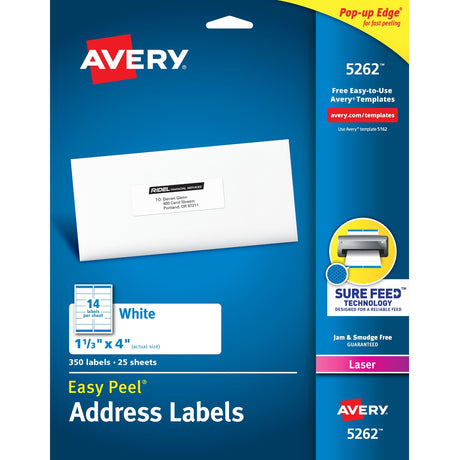 Avery&reg; Easy Peel(R) Address Labels, Sure Feed(TM) Technology, Permanent Adhesive, 1-1/3" x 4" , 350 Labels (5262)