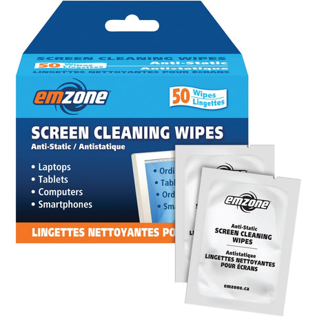 Emzone Anti-Static Screen Cleaning Wipes - For Display Screen, Keyboard, Notebook, Gaming Console, Telephone, Home/Office Equipment - Anti-static, Lint-free, Non-flammable, Alcohol-free - 50 / Box