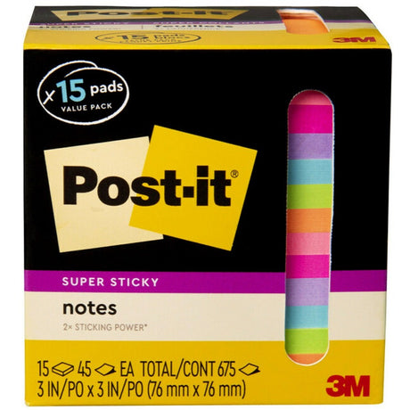 Post-it® Super Sticky Notes - 3" x 3" - Square - 45 Sheets per Pad - Adhesive, Recyclable - 15 / Pack