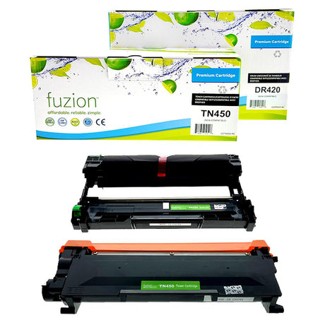 fuzion High Yield Laser Toner Cartridge - Brother TN450 / DR420 Compatible Toner & Drum Combo. Typical Print Yield: Toner 2,600, Drum 12,000